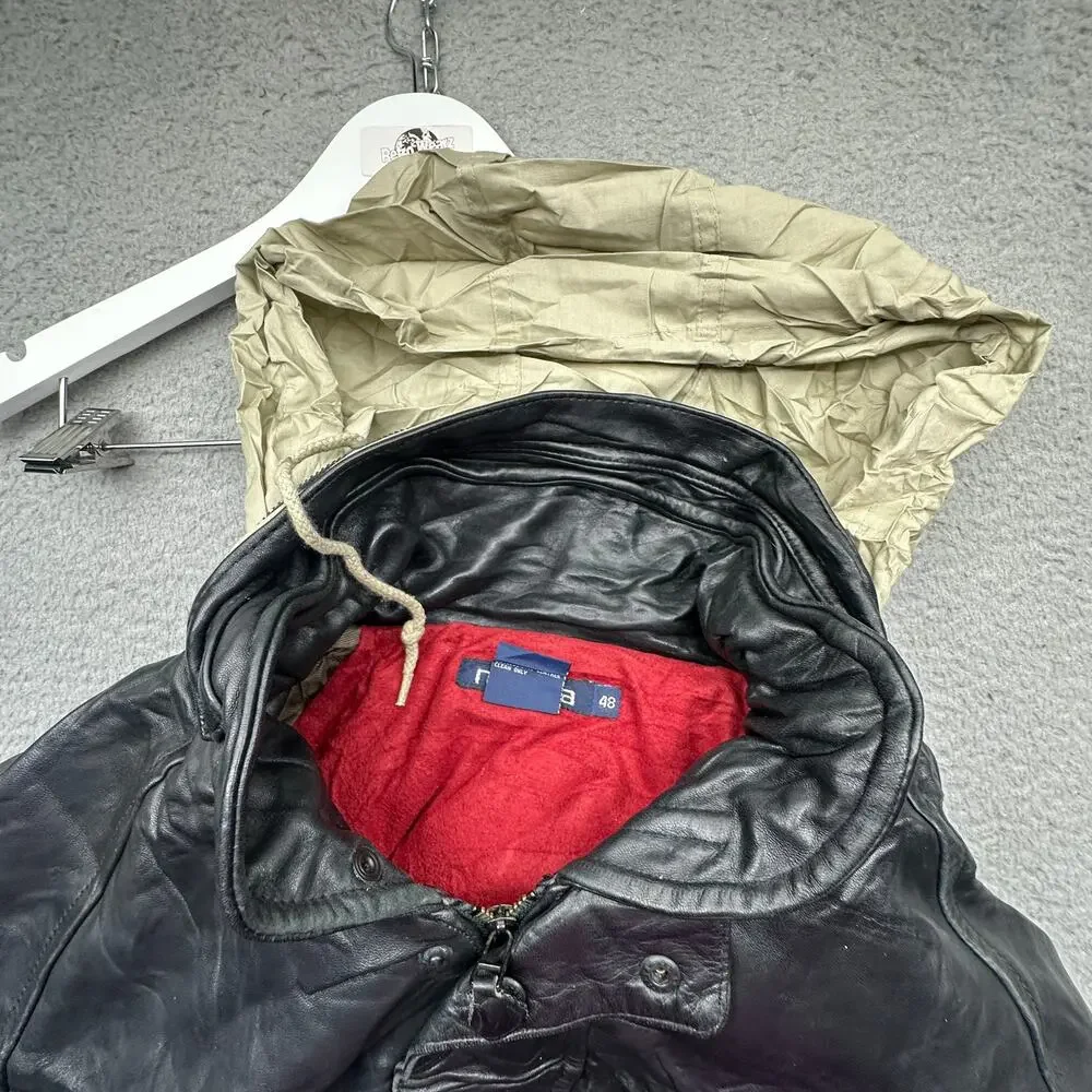 Vintage 90s Nautica Genuine Leather Red Lined Coat Mens 48 XL Hooded Pockets